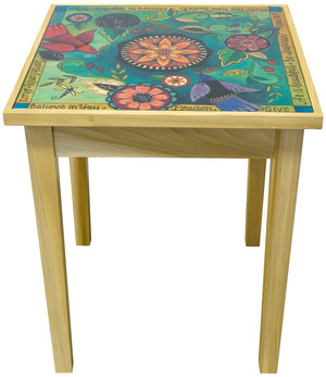 Elegant end table glass top featuring cool colors with flowers and birds surrounded by inspirational quotes. Front View