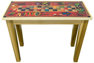 "Make it Meaningful" Glass Sofa Table – Elegant sofa table glass top featuring colorful quilt style decorations surrounded by icon symbols and inspirational quotes. Front view