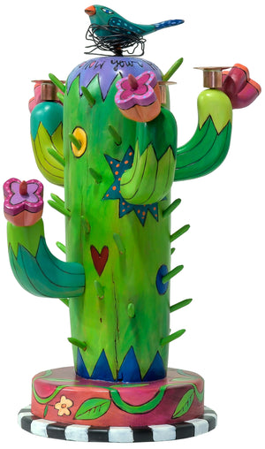 A whimsical cactus candle holder with a twisting vine wrapping around and "spikes" all over. Left View.