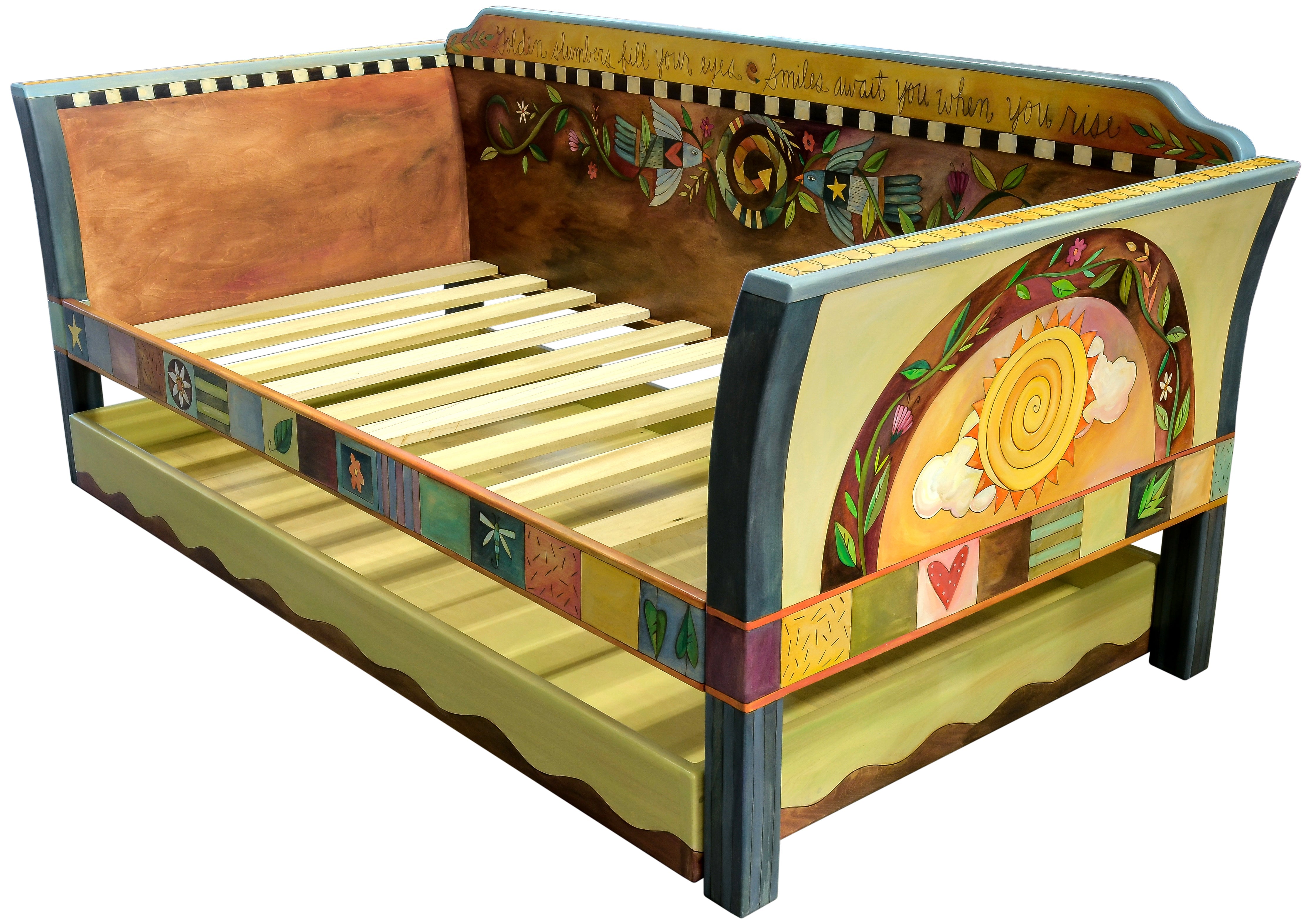 Daybed with Trundle – Beautiful Golden slumber day bed decorated with vines and boxed icons. Side view