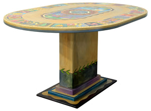 60" Oval Dining Table – Beautiful double pedestal oval table with boxed icon border and framed landscapes motif. Side