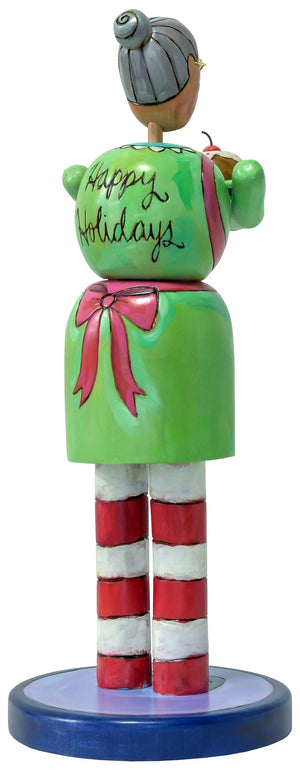 Mrs. Claus Sculpture –  "Tis the season" Mrs. Claus dressed in green with Christmas icons decorating the apron. Back