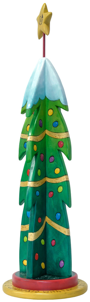 Medium Christmas Tree Sculpture –  Snow-topped medium Christmas tree decorated with color ornaments and painted gold ribbon