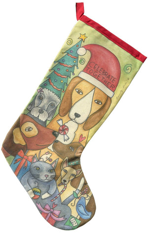 "Stirring Creatures" Canvas Stocking – "Celebrate together" family pets during the holidays motif front view