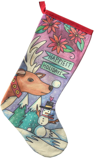"Happiest Holiday" Canvas Stocking – Rudolph wishes you the "happiest holidays" in a winter wonderland design front view