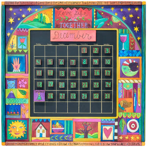 Large Perpetual Calendar – Crazy quilt design on a vibrant night, hand crafted interactive calendar