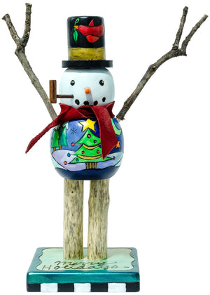 Extra Small Snowman Sculpture –  Driftwood leg snowman with a snowy landscape design and a bird on his top-hatExtra Small Snowman Sculpture –  Driftwood leg snowman with a snowy landscape design and a bird on his top-hat