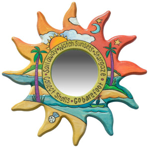 Sun Shaped Mirror – "Go Barefoot" sun-shaped mirror with sunset over a beach paradise motif