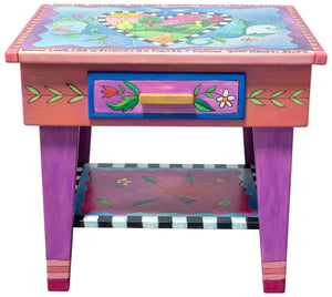Nightstand with Open Shelf – Sweet pink and blue heart tabletop design that would fit perfectly in a kiddo's room