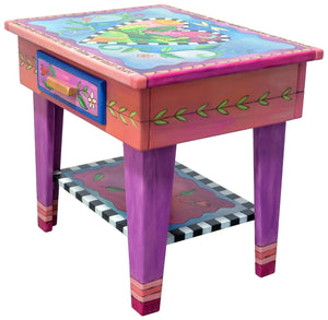 Nightstand with Open Shelf – Sweet pink and blue heart tabletop design that would fit perfectly in a kiddo's room. Side View
