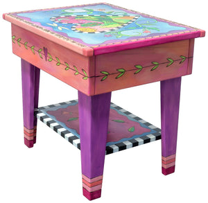 Nightstand with Open Shelf – Sweet pink and blue heart tabletop design that would fit perfectly in a kiddo's room. Back Side
