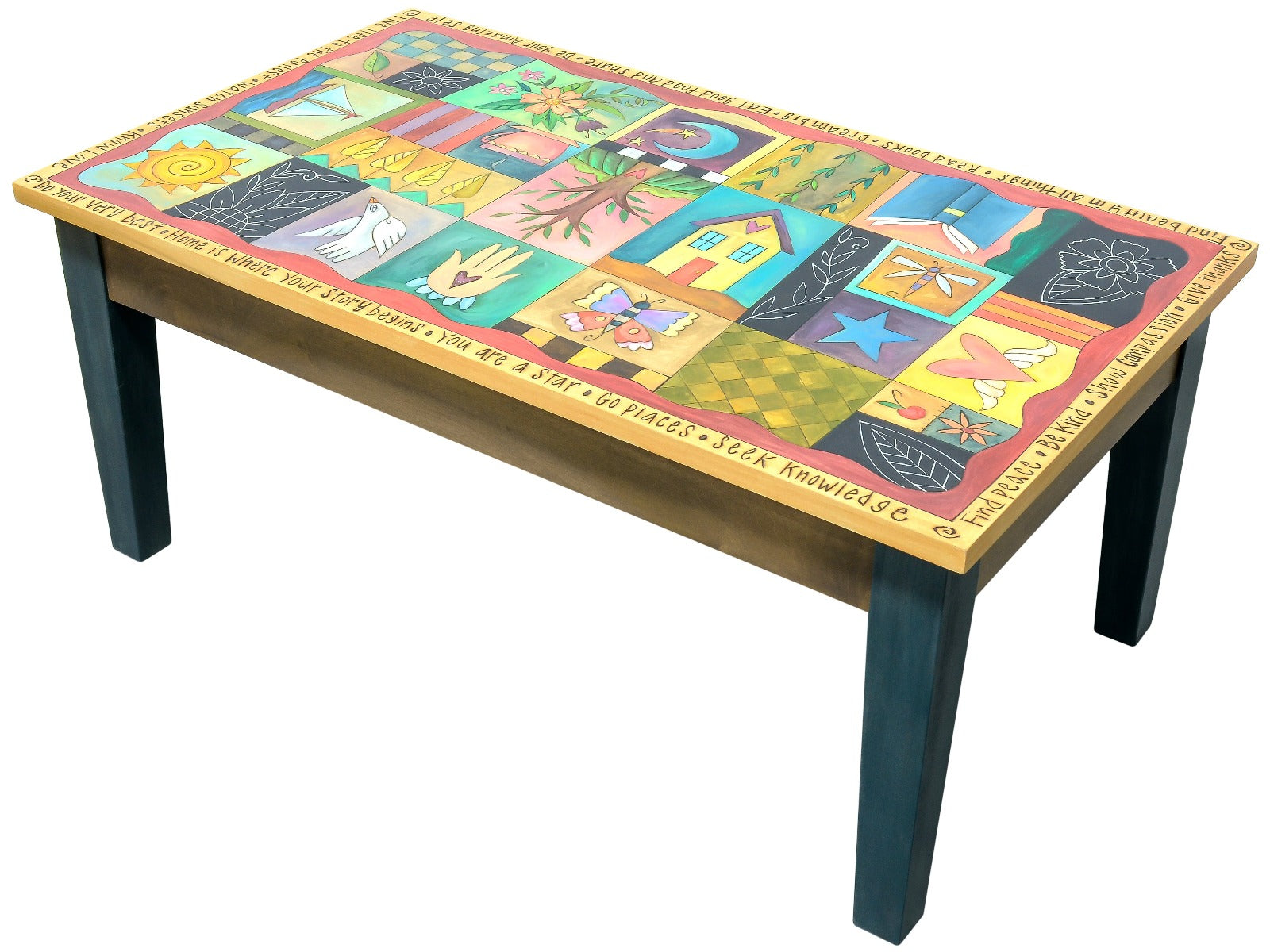 Contemporary Coffee Table – Coffee table decorated with positive boxed icons