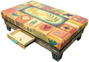 Ottoman with Drawer – Beautiful leather ottoman with stitched boxed icons. Open Drawer