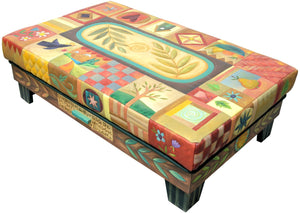 Ottoman with Drawer – Beautiful leather ottoman with stitched boxed icons. Other Side
