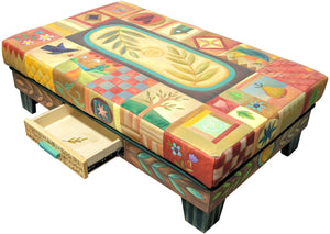 Ottoman with Drawer – Beautiful leather ottoman with stitched boxed icons. Other side with open drawer