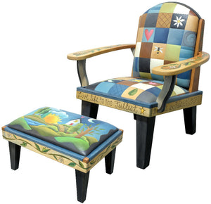 Friedrich's Chair and Matching Ottoman – Colorful leather seat and patchwork chair design, with coordinating colorful landscape design filling the back of the oversized chair and ottoman