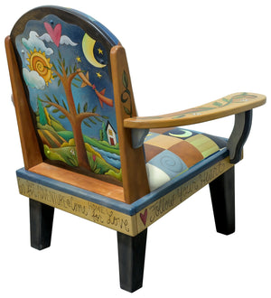 Friedrich's Chair and Matching Ottoman – Colorful leather seat and patchwork chair design, with coordinating colorful landscape design filling the back of the oversized chair and ottoman. Back View
