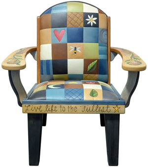 Friedrich's Chair and Matching Ottoman – Colorful leather seat and patchwork chair design, with coordinating colorful landscape design filling the back of the oversized chair and ottoman. Front view
