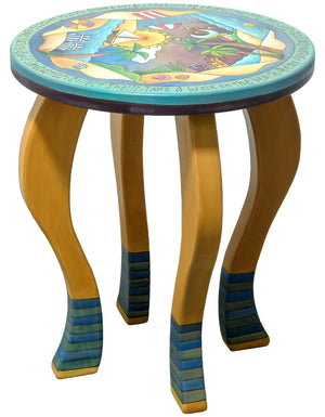Round End Table – Coastal themed end table with fun beach scenes. Side View
