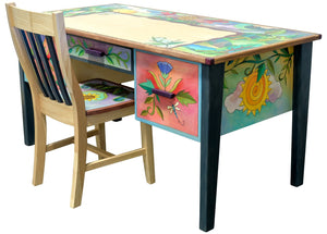 Large Desk – Day and night bright landscape scene desk design with birds and floral accents, with chair