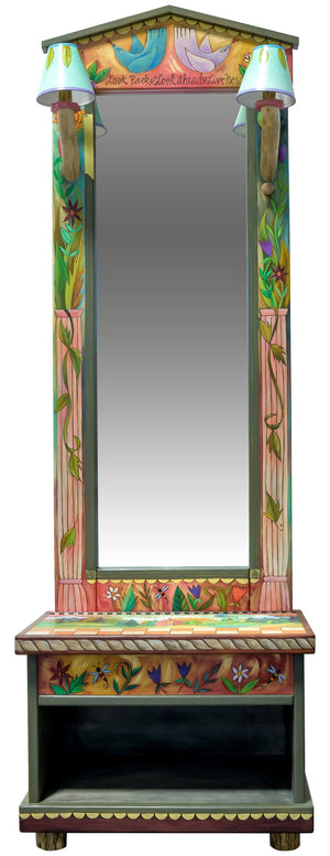 Hall Tree with Lights –  Flowery painted hall tree with mirror, lights and a storage bench featuring floral motifs, birds, and bees theme front