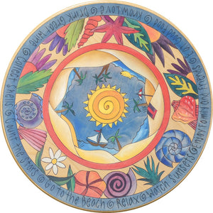 "Clothing Optional" Lazy Susan – "Enjoy Family and Friends" lazy susan with sunny beach motif front view