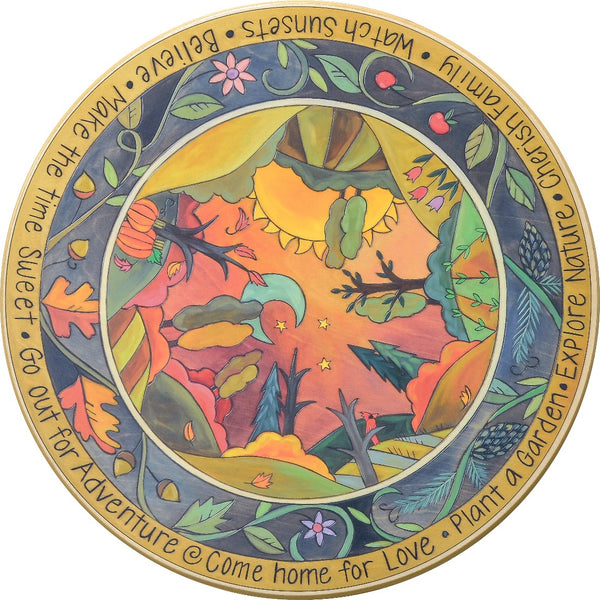 "Golden Hour" Lazy Susan – Beautiful and warm four seasons design with a mild winter and seasonal vine border front view