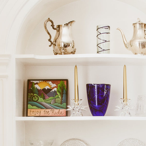 "Open Road" Plaque – "Enjoy the Ride," bicycle plaque, artisan printed with mountain landscapes displayed in a home on a bookshelf