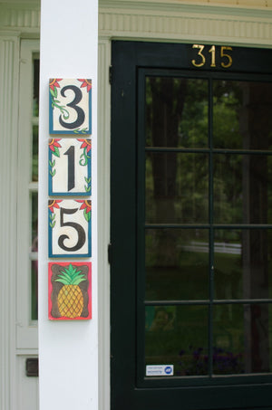 Example of Sincerely, Sticks house numbers plaque hung vertically with pineapple icon plaque
