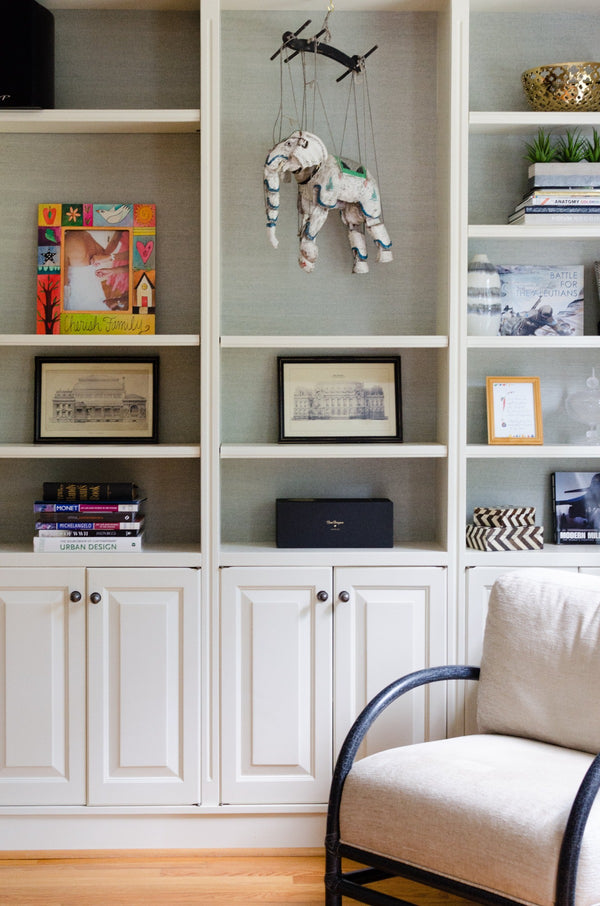 "Polka Dots and Happy Thoughts" Picture Frame – "Cherish Family" frame with colorful home and family tree motif displayed on a home's bookshelf