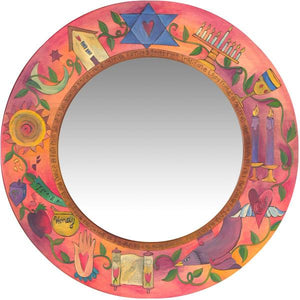 Large Circle Mirror –  Rosy and pastel Judaica mirror with symbolic elements