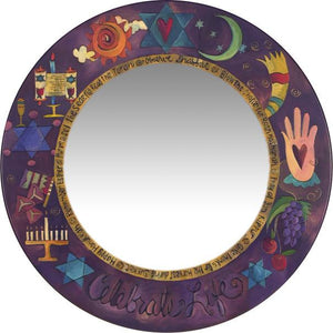 Large Circle Mirror –  Handsome Judaica mirror with symbolic elements, "Celebrate Life"
