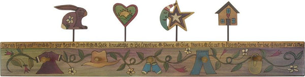 Sticks handmade coat rack with playful folk art vine and finials