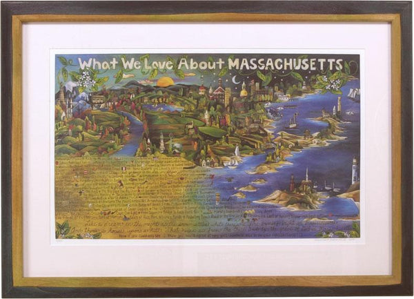 Framed WWLA Massachusetts Lithograph –  "What We Love About Massachusetts" litho print in a handcrafted Sticks frame