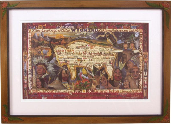 Framed Wyoming Flag Lithograph –  "The Cowboy State" framed lithograph with buffalo motif