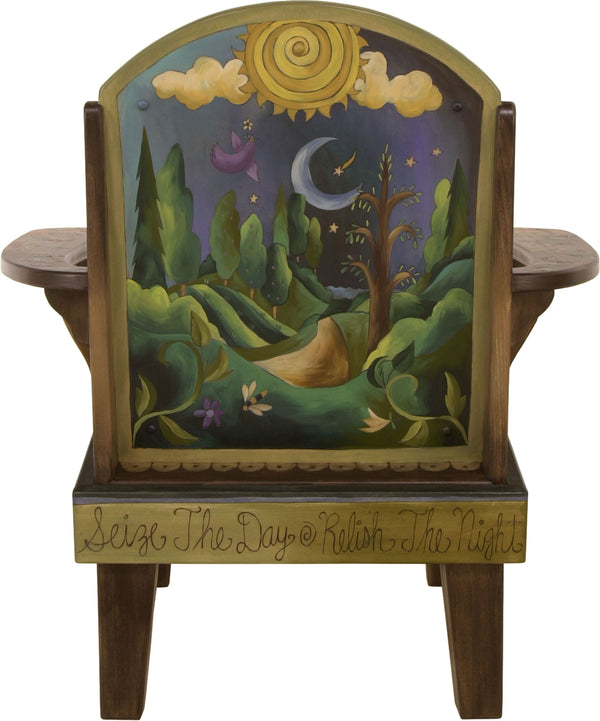 Friedrich's Chair and Matching Ottoman –  "Seize the Day/Relish the Night" Friedrich's chair with ottoman with sun and moon over the rolling hills motif