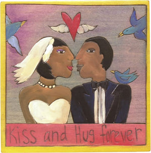 7"x7" Plaque – Kiss and hug forever newlywed plaque design with soaring love birds