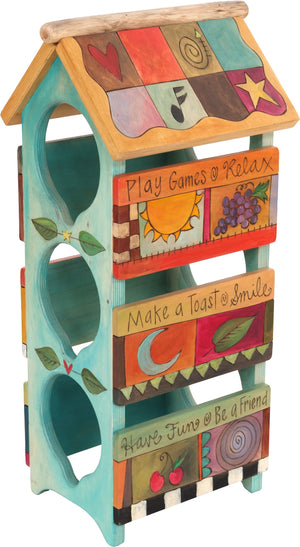Sticks handmade wine rack with colorful life icons and teal base coat