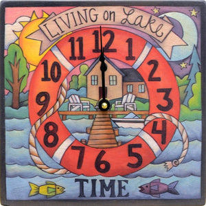 "Dock Time" Square Clock – "Living on lake time" dock and lifesaver design front view