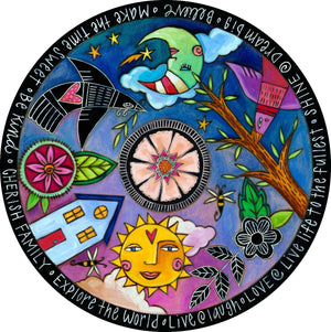 "Dream in Color" Lazy Susan – Whimsical and bold floating icon design lazy susan done with black and white scratchboard accents