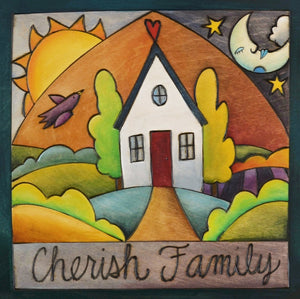 "Fly Home" Plaque – A vibrant scene of a house with a bird, moon, and sun in the sky above front view