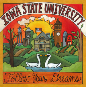"Follow Your Dreams" Plaque – Iowa State University plaque with Lake Laverne and campus motif front view