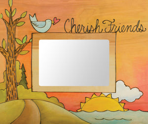 "Friends of a Feather Stick Together" Picture Frame – "Cherish Friends" frame with sunset over the water motif front view