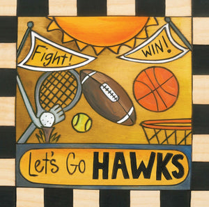 "Gameday" Plaque – "Let's Go Hawks" plaque with sports motif front view