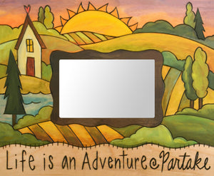 "Grandma's House" Picture Frame – "Life is an Adventure, Partake" frame with home and sunset on the horizon motif front view