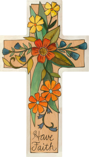 "Grow Faith" Cross Plaque – "Have Faith" cross plaque with bright floral motif front view