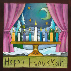 "Happy Hanukkah" Plaque – This printed plaque features a menorah in a winter-y windowsill front view