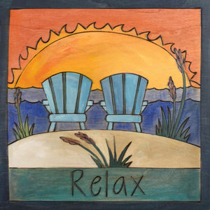 "Holly's Chairs" Plaque – Two adirondack chairs sit on a beach to watch the sunset front view