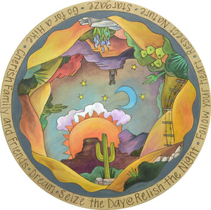 "Howl at the Moon" Lazy Susan – Beautiful artisan printed Southwest landscape lazy susan with sun and moon motif, desert landscape, and a lovely variety of cacti front view