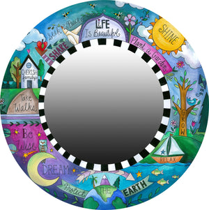 "How to Live Well" Mirror – Beautifully busy "life is beautiful" mirror design in cool blues, greens, and purples